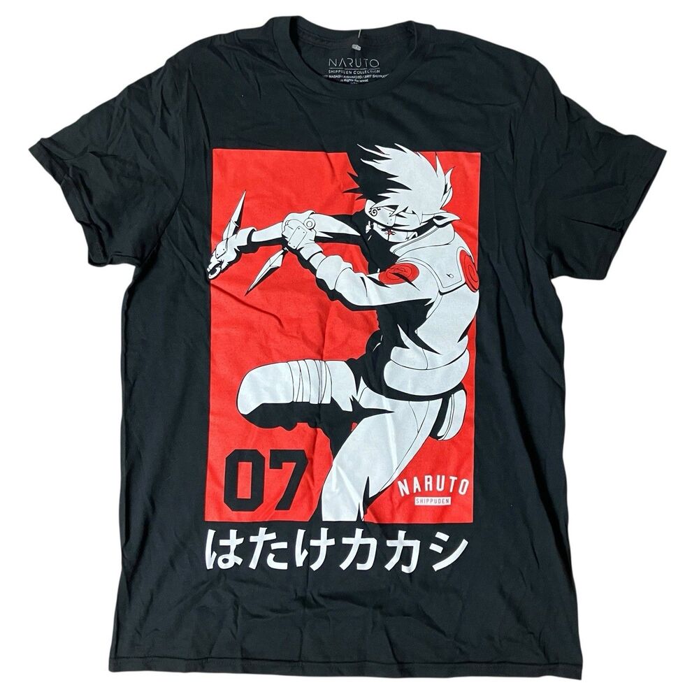 Naruto Shippuden T-Shirt Mens‎ M Red Cotton Boxed Kakashi Pic Over Kanji Anime
